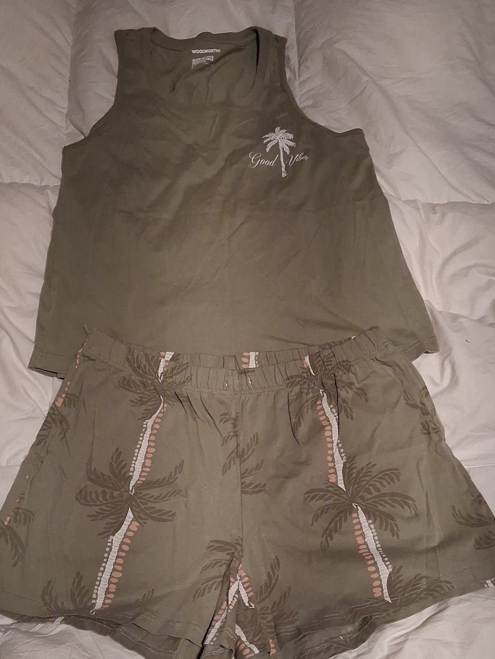 Olive Palm-Print Good VIBES Tank Top And Shorts Set
